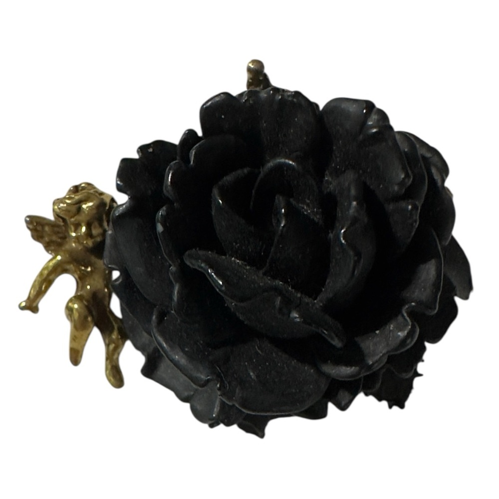 Elegant Black Rose Brooch with Gold Angel Accent
